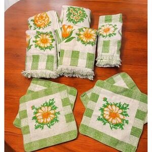 Lady Pepperell Bath Towel Set 70s Checkered Sunflowers Tulip Daisy Mod Retro